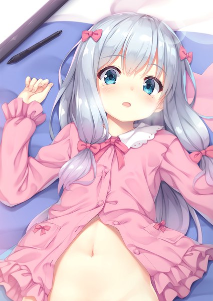 Anime picture 1032x1457 with eromanga sensei a-1 pictures izumi sagiri tomifumi single long hair tall image looking at viewer blush fringe open mouth blue eyes light erotic hair between eyes silver hair lying loli revision girl navel