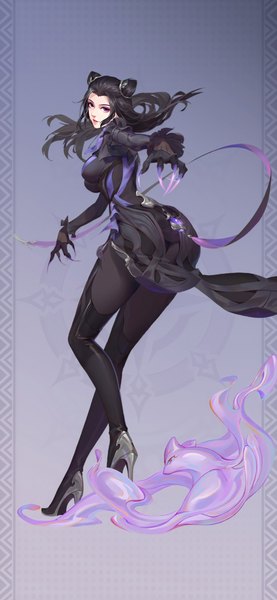 Anime picture 1890x4096 with douluo continent zhu zhuqing (douluo dalu) tagme (artist) single long hair tall image looking at viewer highres breasts light erotic black hair simple background large breasts standing purple eyes full body bent knee (knees) looking back hair bun (hair buns) high heels