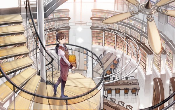 Anime picture 2000x1257 with original sime (echo) single long hair fringe highres brown hair holding brown eyes ponytail indoors braid (braids) single braid girl skirt shirt shoes book (books) chair vest