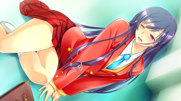 Anime picture 1280x720 with yomi ecchi! single long hair blush open mouth red eyes wide image blue hair game cg one eye closed wink girl skirt uniform school uniform socks white socks