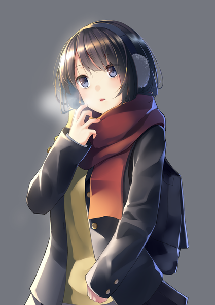 Anime picture 868x1228 with original makadamia single tall image fringe short hair blue eyes black hair simple background looking away upper body grey background exhalation girl scarf backpack red scarf earmuffs