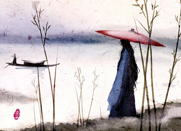 Аниме картинка 1024x743 с оригинальное изображение dingyiyi длинные волосы чёрные волосы традиционная одежда японская одежда китайская одежда девушка мужчина растение (растения) вода кимоно зонт плавсредство лодка