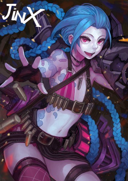 Anime picture 848x1200 with league of legends jinx (league of legends) canking single tall image looking at viewer blue hair braid (braids) very long hair pink eyes inscription tattoo flat chest bodypaint girl thighhighs gloves weapon fingerless gloves gun