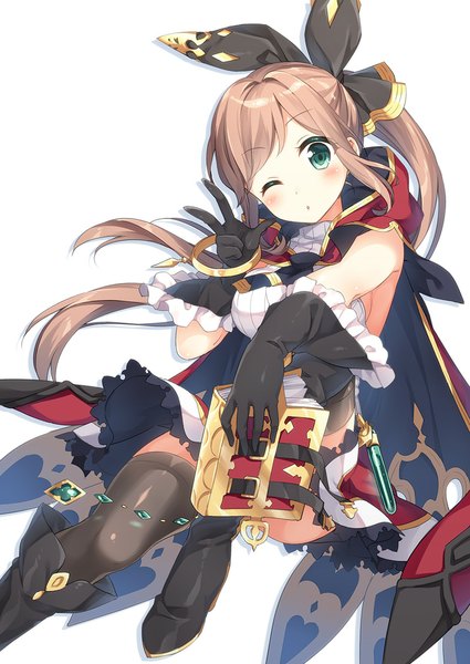 Anime picture 800x1130 with granblue fantasy clarisse (granblue fantasy) masuishi kinoto single long hair tall image looking at viewer blush fringe breasts blonde hair simple background smile white background holding green eyes bent knee (knees) ponytail parted lips one eye closed