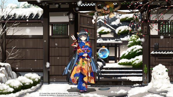 Anime picture 7680x4320 with original kirino kasumu single long hair looking at viewer highres blue eyes black hair smile wide image absurdres traditional clothes japanese clothes snowing winter snow 2015 2012 girl kimono