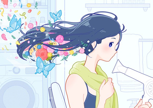 Anime picture 2381x1684 with original yoshimon single long hair looking at viewer highres blue eyes black hair upper body indoors profile wind towel around neck drying hair girl flower (flowers) insect butterfly towel washing machine