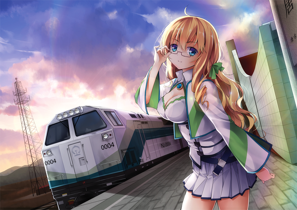 Anime picture 1166x825 with original qiuzhi huiyi single long hair looking at viewer fringe blue eyes blonde hair sky cloud (clouds) wavy hair girl dress glasses train