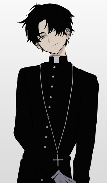 Anime picture 632x1078 with original hirota tsuu single tall image looking at viewer fringe short hair black hair simple background smile upper body head tilt hair over one eye gradient background boy earrings cross cross necklace habit