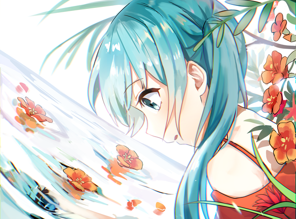 Anime picture 3500x2590 with vocaloid hatsune miku ille (xcpa7325) single long hair fringe highres twintails bare shoulders absurdres parted lips profile aqua eyes off shoulder aqua hair looking down reflection anaglyph girl flower (flowers)