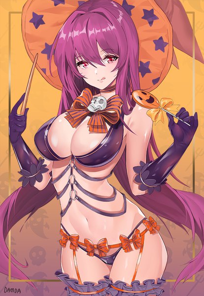 Anime picture 690x1000 with fate (series) fate/grand order scathach (fate) (all) scathach (fate) damda single long hair tall image looking at viewer blush fringe breasts light erotic simple background hair between eyes red eyes large breasts standing holding signed