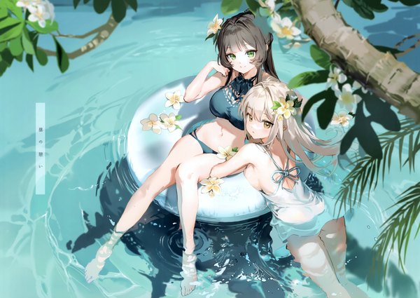 Anime picture 4865x3445 with original anmi long hair looking at viewer fringe highres breasts open mouth light erotic black hair blonde hair smile multiple girls green eyes yellow eyes absurdres outdoors blunt bangs barefoot hair flower