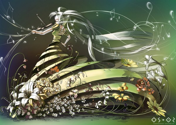 Anime picture 2048x1463 with original ost02 single fringe highres twintails holding eyes closed very long hair green hair from behind back playing instrument girl dress flower (flowers) plant (plants) musical instrument musical note violin