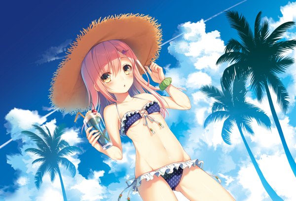 Anime picture 1420x967 with original hiragi arisa toosaka asagi single long hair blush fringe breasts light erotic hair between eyes standing holding brown eyes looking away pink hair sky cleavage cloud (clouds) outdoors nail polish