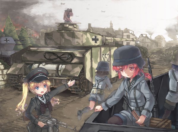 Anime picture 2480x1841 with original north abyssor long hair highres short hair blue eyes black hair blonde hair red eyes twintails multiple girls red hair girl uniform weapon shorts gun military uniform ground vehicle 5 girls