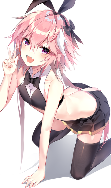 Anime picture 2544x4291 with fate (series) fate/grand order fate/apocrypha astolfo (fate) astolfo (saber) (fate) bara (03 bara ) single long hair tall image looking at viewer fringe highres open mouth light erotic simple background hair between eyes white background purple eyes twintails animal ears
