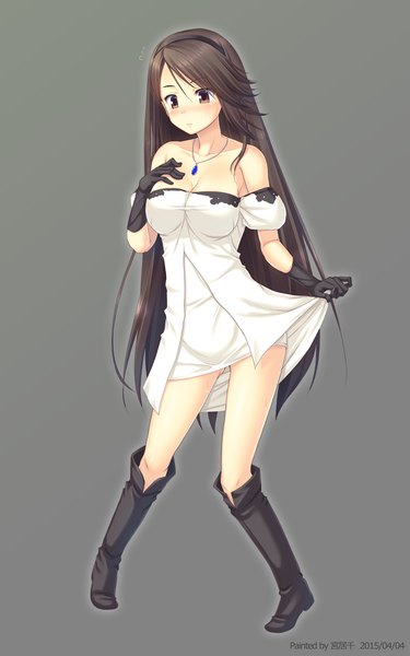 Anime picture 750x1200 with bravely default: flying fairy agnes oblige miyai max single long hair tall image blush light erotic black hair bare shoulders brown eyes girl dress gloves black gloves boots pendant