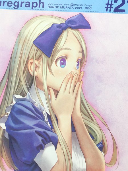 Anime picture 1512x2016 with futuregraph range murata single long hair tall image blue eyes blonde hair signed looking away upper body fingernails scan short sleeves puffy sleeves copyright name twitter username dated covered mouth scan artifacts screening