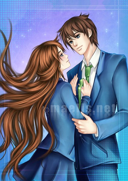 Anime picture 800x1131 with detective conan kudou shinichi mouri ran m-aelis long hair tall image blush short hair blue eyes brown hair signed profile couple face to face necktie grab girl boy uniform necktie