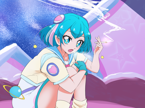 Anime picture 1400x1050 with precure star twinkle precure toei animation hagoromo lala boh stick single looking at viewer fringe short hair open mouth sitting holding aqua eyes pointy ears aqua hair short sleeves symbol-shaped pupils smoke smoking hand on knee