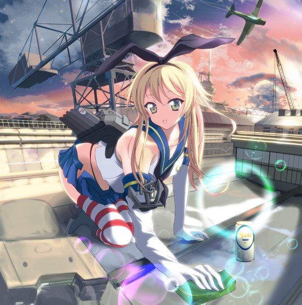 Anime picture 2429x2453 with kantai collection shimakaze destroyer 41y (yooichiwai) single long hair tall image looking at viewer blush highres open mouth light erotic blonde hair smile bare shoulders green eyes animal ears sky cloud (clouds) outdoors sunlight