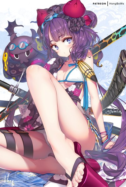 Anime picture 676x1000 with fate (series) fate/grand order katsushika hokusai (fate/grand order) tokitarou (fate/grand order) katsushika hokusai (swimsuit saber) (fate) hong (white spider) single long hair tall image looking at viewer fringe breasts blue eyes light erotic sitting twintails signed purple hair blunt bangs arm support