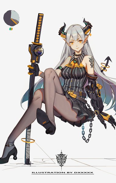 Anime-Bild 599x944 mit original soulkiller (brz) single long hair tall image looking at viewer blush fringe light erotic simple background smile bare shoulders holding signed yellow eyes silver hair tail pleated skirt horn (horns) pointy ears