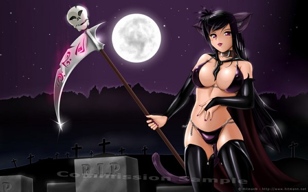 Anime picture 1120x700 with original hitmann single long hair looking at viewer breasts light erotic black hair wide image large breasts bare shoulders animal ears tail braid (braids) animal tail pink eyes cat ears night cat girl cat tail