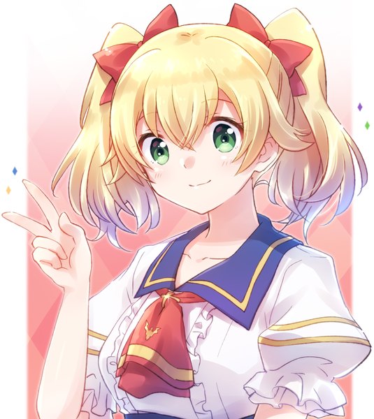 Anime picture 2241x2511 with lapis re:lights lavie (lapis re:lights) nyaa (nnekoron) single tall image fringe highres short hair blonde hair smile hair between eyes twintails green eyes upper body puffy sleeves short twintails victory girl bow hair bow