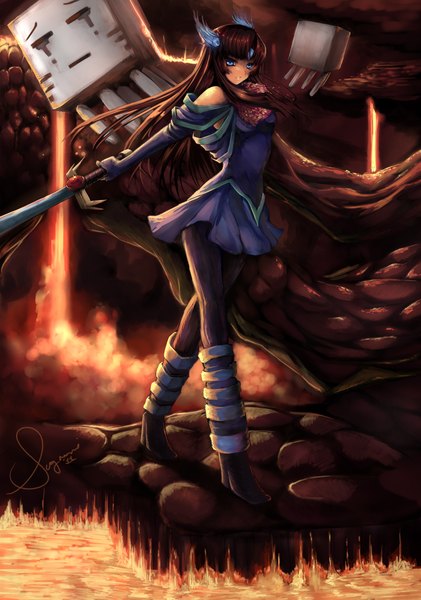 Anime picture 2828x4032 with minecraft ghast signomi (artist) single long hair tall image highres blue eyes brown hair girl weapon sword wings