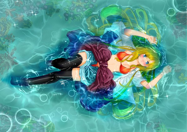 Anime picture 4961x3508 with original odzigner single long hair blush highres blue eyes light erotic signed absurdres bent knee (knees) lying parted lips green hair sparkle no shoes zettai ryouiki partially submerged open shorts clothes around waist