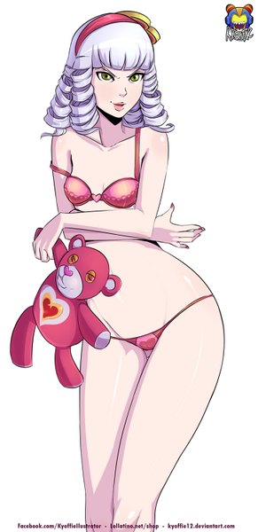 Anime picture 727x1500 with league of legends annie (league of legends) tibbers (league of legends) kyoffie12 tall image blush short hair light erotic simple background white background green eyes silver hair lips girl underwear panties lingerie bra toy stuffed animal