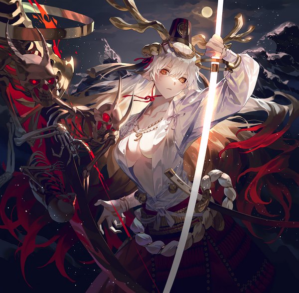 Anime picture 1527x1500 with onmyoji suzuka gozen (onmyoji) fajyobore single long hair looking at viewer fringe breasts light erotic hair between eyes large breasts holding yellow eyes cleavage white hair red hair traditional clothes head tilt japanese clothes multicolored hair