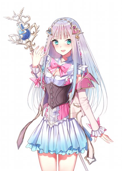 Anime picture 700x979 with atelier (series) atelier lulua gust (company) elmerulia fryxell minatoasu single long hair tall image looking at viewer blush fringe open mouth simple background smile white background holding silver hair blunt bangs long sleeves :d