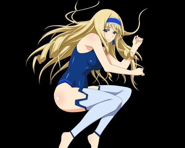 Anime picture 4000x3200 with infinite stratos 8bit cecilia orcott single long hair blush highres blue eyes light erotic simple background blonde hair bare shoulders absurdres lying barefoot black background girl hairband bodysuit