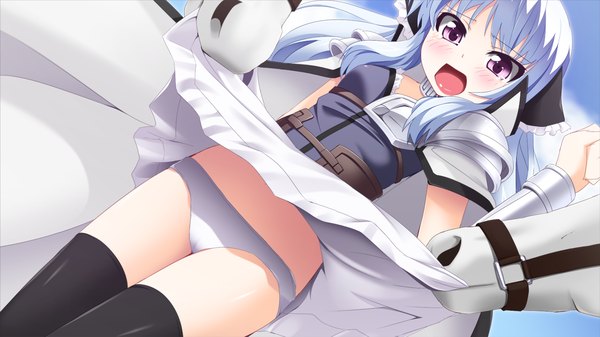 Anime picture 1280x720 with sangoku hime unicorn-a long hair blush open mouth light erotic wide image purple eyes game cg white hair wind lift thighhighs underwear panties black thighhighs
