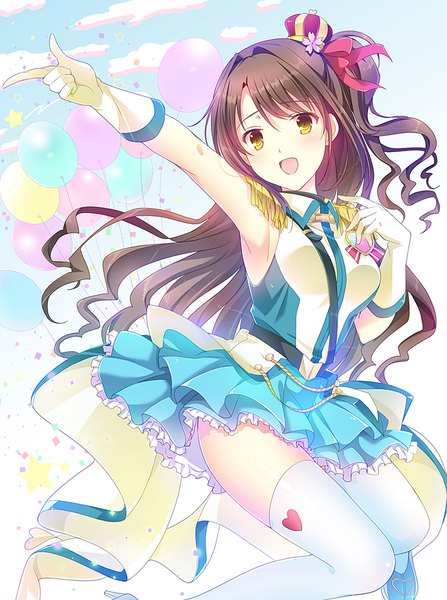 Anime picture 750x1006 with idolmaster idolmaster cinderella girls shimamura uzuki satou satoru single long hair tall image open mouth brown hair yellow eyes looking away sky cloud (clouds) :d armpit (armpits) one side up outstretched arm wavy hair jumping pointing