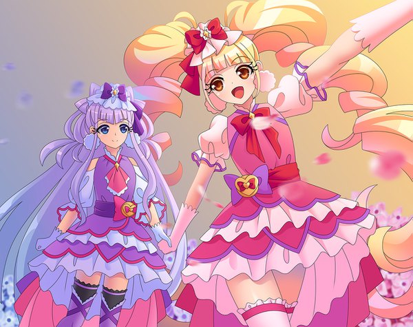 Anime picture 1263x1000 with precure hugtto! precure toei animation ruru amour aisaki emiru cure amour cure macherie hoxi long hair blush fringe open mouth blue eyes blonde hair smile twintails multiple girls brown eyes payot purple hair