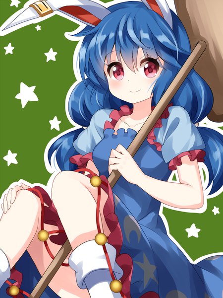 Anime picture 1000x1333 with touhou seiran (touhou) ruu (tksymkw) single long hair tall image looking at viewer simple background smile red eyes sitting twintails animal ears blue hair light smile short sleeves bunny ears puffy sleeves low twintails hand on knee