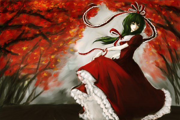 Anime picture 1500x1000 with touhou kagiyama hina bigred (artist) single long hair green eyes green hair girl dress bow ribbon (ribbons) plant (plants) hair bow tree (trees)