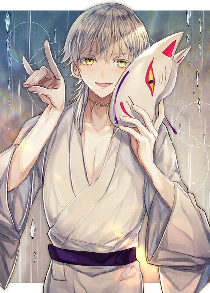 Anime picture 863x1200 with touken ranbu nitroplus tsurumaru kuninaga abandon ranka single long hair tall image looking at viewer open mouth yellow eyes silver hair upper body traditional clothes japanese clothes fingernails fox shadow puppet boy mask yukata fox mask