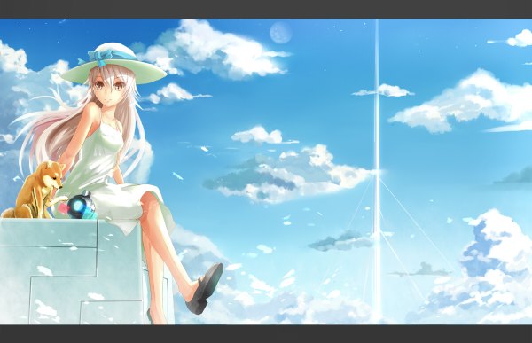 Anime picture 1200x774 with original wamekami long hair sitting brown eyes sky cloud (clouds) white hair shiba inu girl bow hat animal sundress dog tower