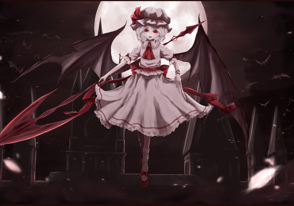 Anime picture 1600x1121 with touhou remilia scarlet moose (moosu193) single looking at viewer fringe short hair open mouth smile hair between eyes red eyes sky white hair night short sleeves puffy sleeves night sky letterboxed slit pupils bat wings