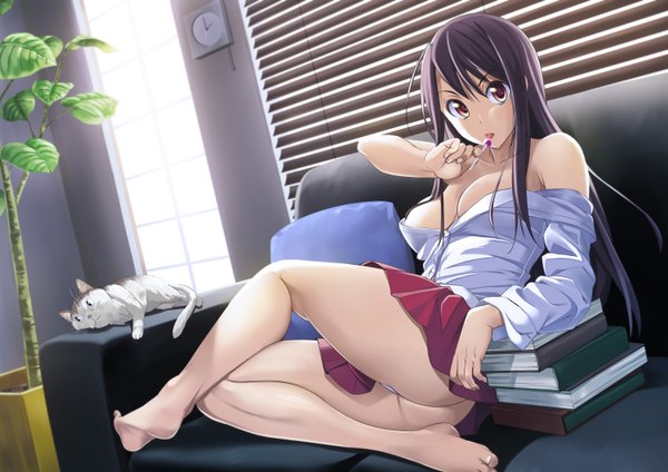 Anime picture 1500x1062 with original tenkuu nozora long hair looking at viewer breasts light erotic black hair brown eyes barefoot legs girl skirt plant (plants) animal shirt food sweets book (books) cat couch
