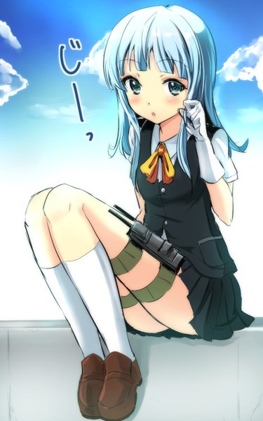 Anime picture 900x1440 with kantai collection hatsukaze destroyer hatsukaze (kantai collection) gin'ichi (akacia) single long hair tall image looking at viewer blush blue eyes sitting sky silver hair cloud (clouds) full body playing with hair hair twirling girl skirt gloves