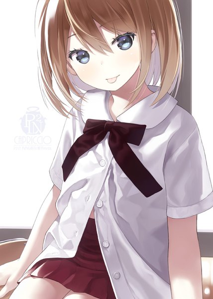 Anime picture 713x1000 with original capriccio single tall image looking at viewer blush fringe short hair blue eyes hair between eyes brown hair white background sitting signed head tilt pleated skirt multicolored hair arm support two-tone hair short sleeves