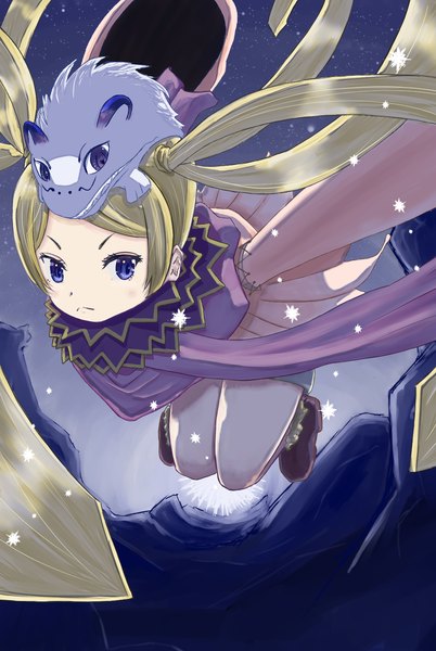 Anime picture 1071x1599 with tegami bachi niche (tegami bachi) steak (tegami bachi) kmnoon703 single long hair tall image blue eyes blonde hair looking away full body outdoors very long hair night night sky animal on head girl animal scarf