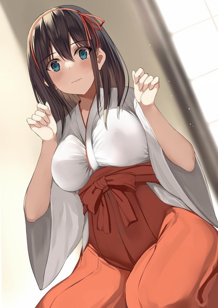 Anime picture 1062x1500 with original tsubasa (kureha) kureha (ironika) single long hair tall image looking at viewer blush fringe breasts blue eyes hair between eyes brown hair large breasts sitting traditional clothes japanese clothes wide sleeves arms up dutch angle