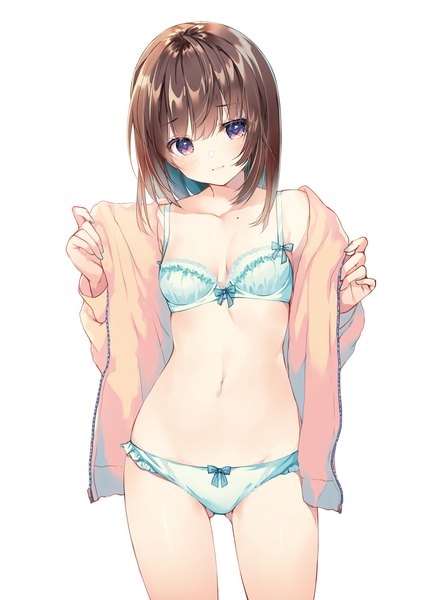 Anime picture 1357x1920 with original miwabe sakura single long hair tall image looking at viewer blush fringe breasts light erotic simple background hair between eyes brown hair standing white background purple eyes scan mole open jacket ass visible through thighs
