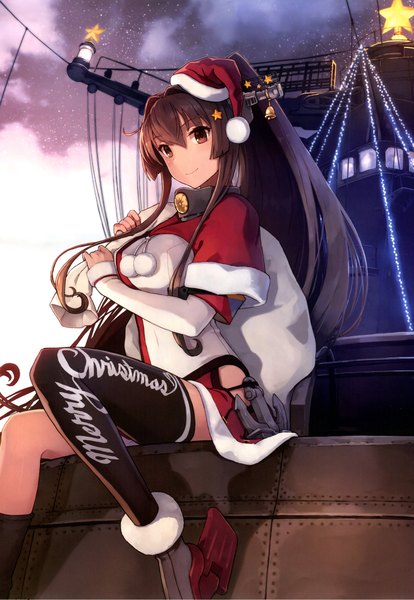 Anime picture 1556x2256 with kantai collection yamato super battleship shizuma yoshinori single long hair tall image fringe smile brown hair sitting brown eyes sky ponytail official art from below christmas merry christmas girl thighhighs hat