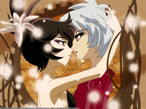 Anime picture 1600x1200 with princess tutu rue kuroha princess kraehe mytho pandemonium91 black hair red eyes brown hair white hair nail polish hair flower couple eyeshadow face to face almost kiss girl boy hair ornament